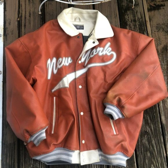 Vintage New York Orange Leather Athletic Jacket XL - Picture 1 of 5